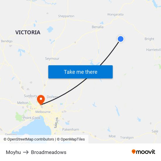 Moyhu to Broadmeadows map