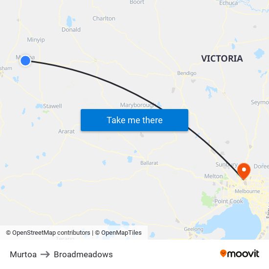 Murtoa to Broadmeadows map