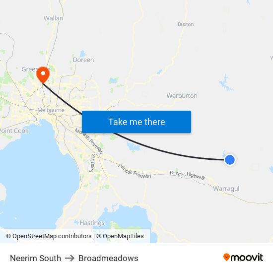 Neerim South to Broadmeadows map