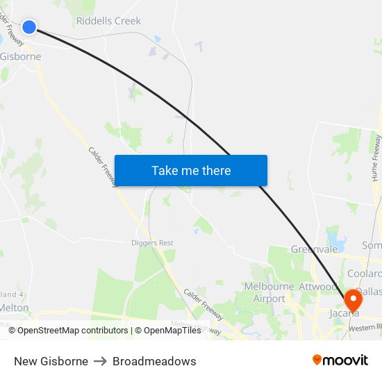 New Gisborne to Broadmeadows map