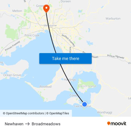 Newhaven to Broadmeadows map