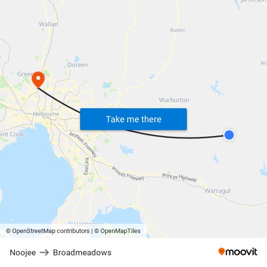 Noojee to Broadmeadows map