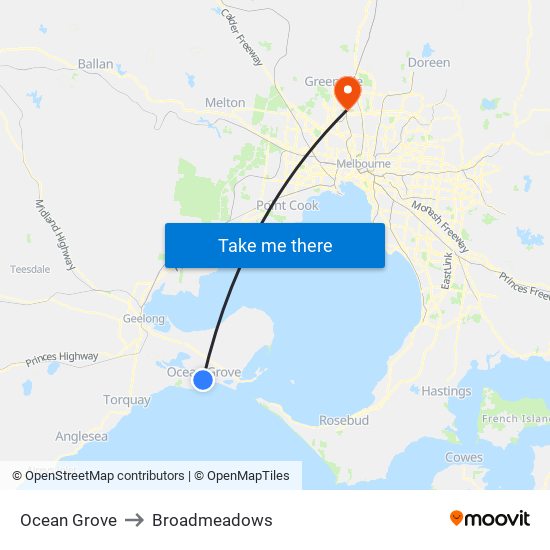 Ocean Grove to Broadmeadows map