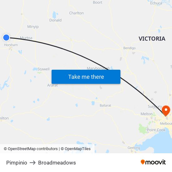 Pimpinio to Broadmeadows map