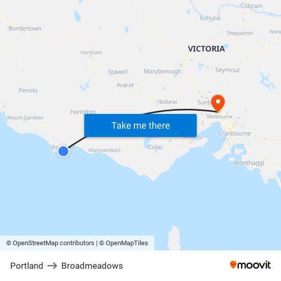 Portland to Broadmeadows map