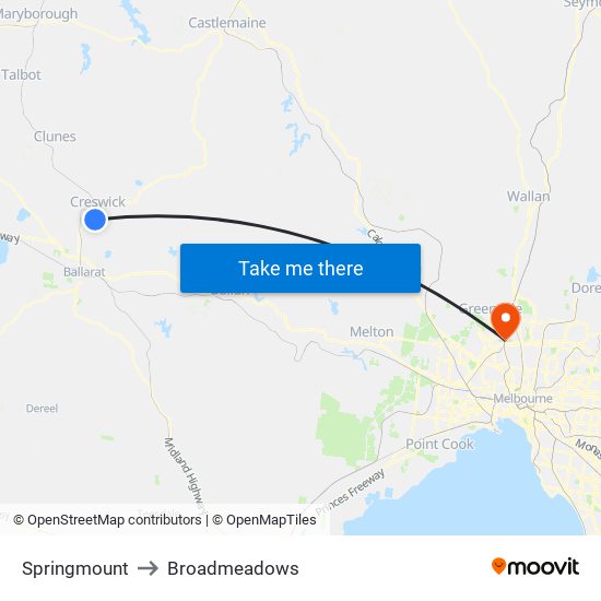 Springmount to Broadmeadows map