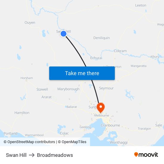 Swan Hill to Broadmeadows map