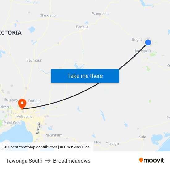 Tawonga South to Broadmeadows map