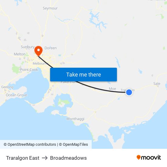 Traralgon East to Broadmeadows map