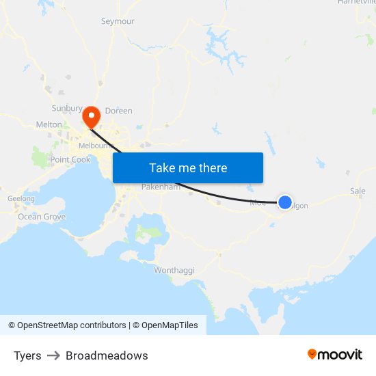 Tyers to Broadmeadows map