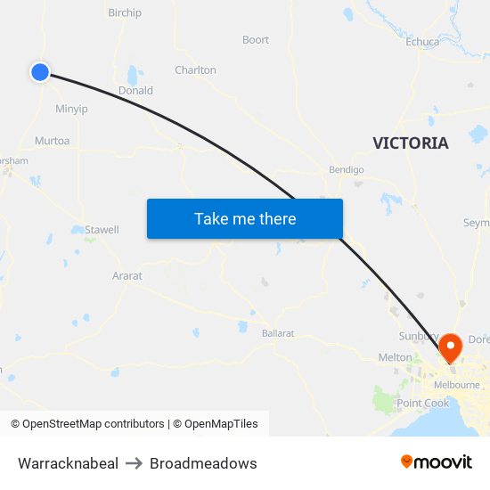 Warracknabeal to Broadmeadows map