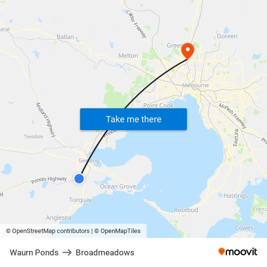 Waurn Ponds to Broadmeadows map