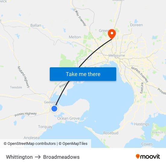 Whittington to Broadmeadows map