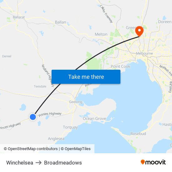 Winchelsea to Broadmeadows map