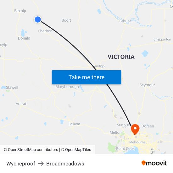 Wycheproof to Broadmeadows map