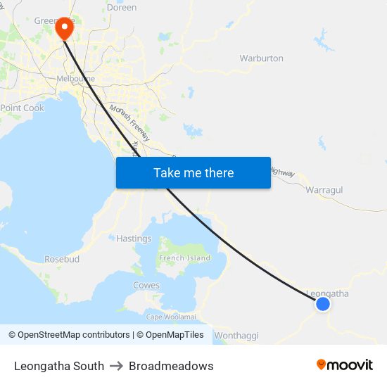 Leongatha South to Broadmeadows map