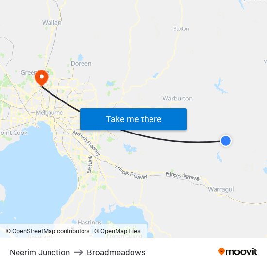 Neerim Junction to Broadmeadows map
