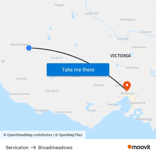 Serviceton to Broadmeadows map