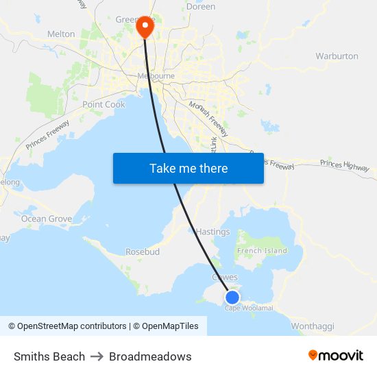 Smiths Beach to Broadmeadows map