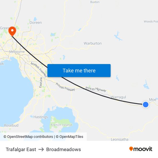 Trafalgar East to Broadmeadows map