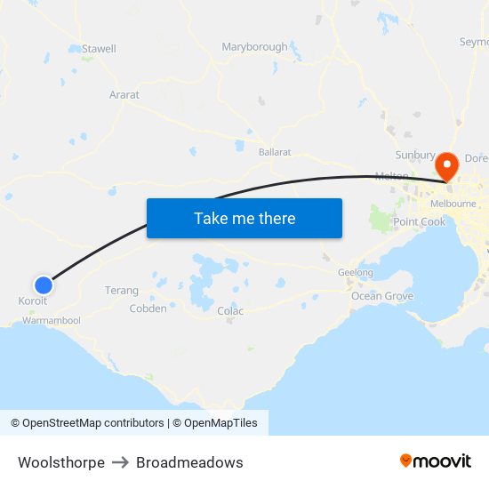 Woolsthorpe to Broadmeadows map