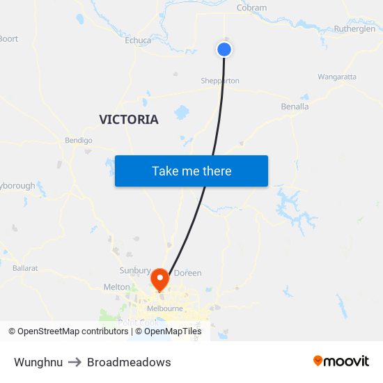 Wunghnu to Broadmeadows map