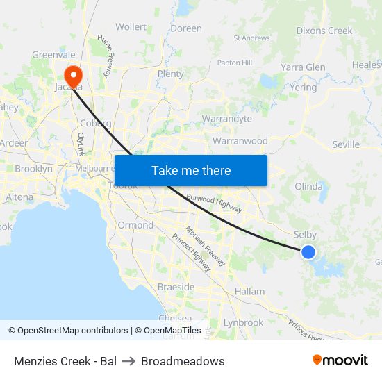 Menzies Creek - Bal to Broadmeadows map