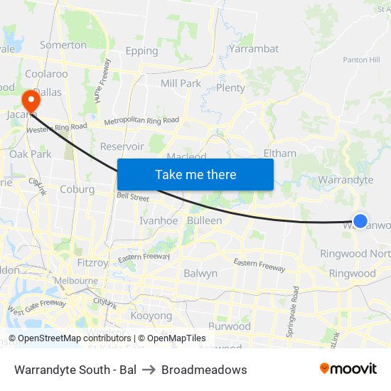 Warrandyte South - Bal to Broadmeadows map