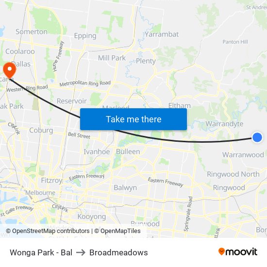 Wonga Park - Bal to Broadmeadows map