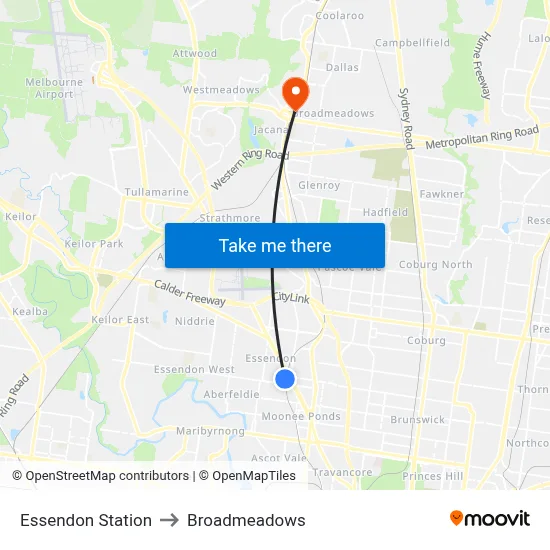 Essendon Station to Broadmeadows map