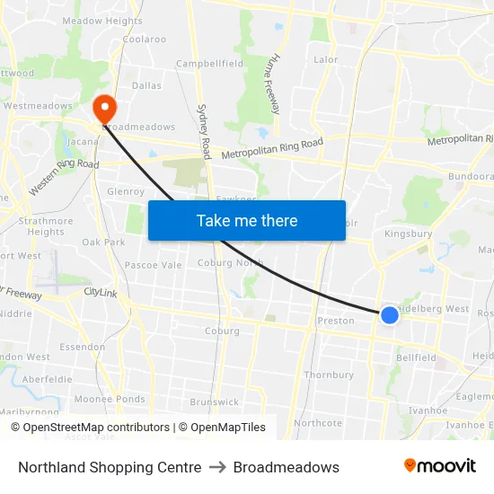 Northland Shopping Centre to Broadmeadows map