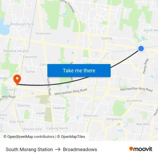 South Morang Station to Broadmeadows map