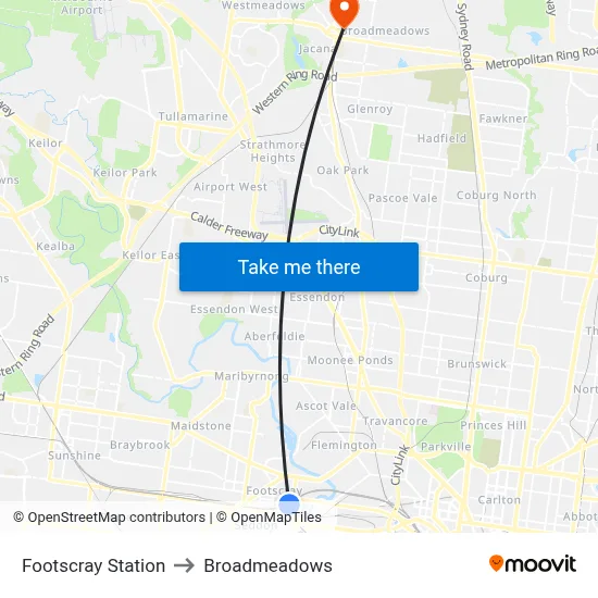 Footscray Station to Broadmeadows map