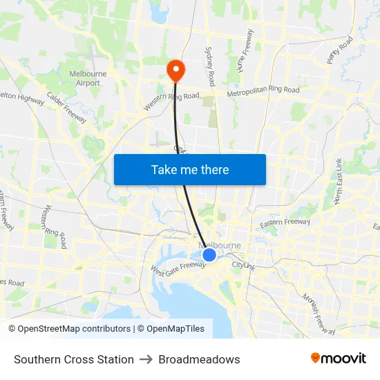 Southern Cross Station to Broadmeadows map
