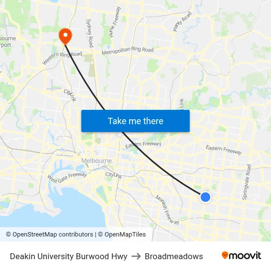 Deakin University Burwood Hwy to Broadmeadows map