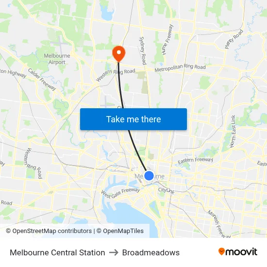 Melbourne Central Station to Broadmeadows map