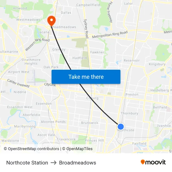 Northcote Station to Broadmeadows map