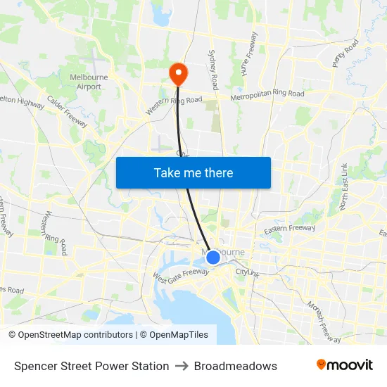 Spencer Street Power Station to Broadmeadows map