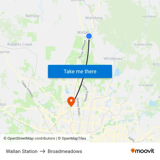 Wallan Station to Broadmeadows map