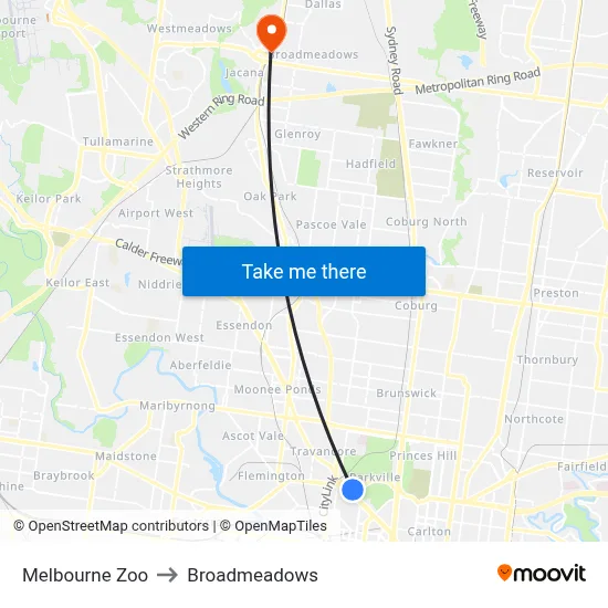 Melbourne Zoo to Broadmeadows map