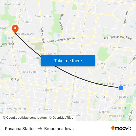 Rosanna Station to Broadmeadows map