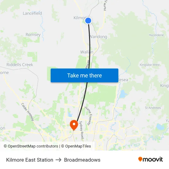 Kilmore East Station to Broadmeadows map