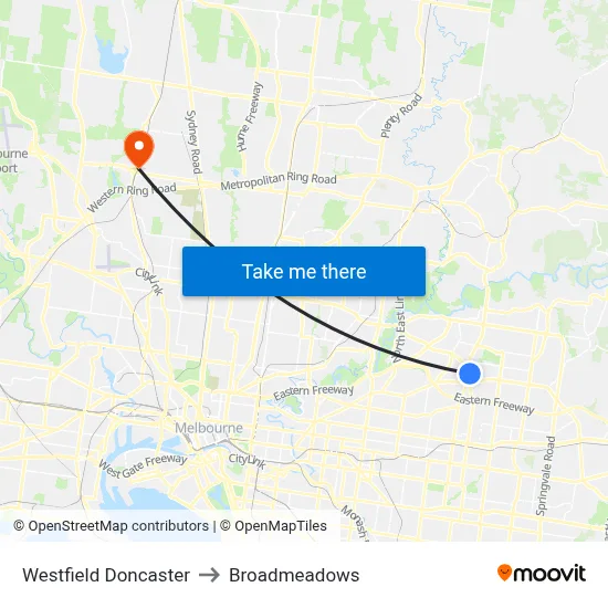 Westfield Doncaster to Broadmeadows map