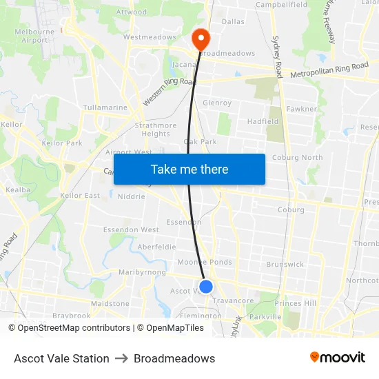 Ascot Vale Station to Broadmeadows map