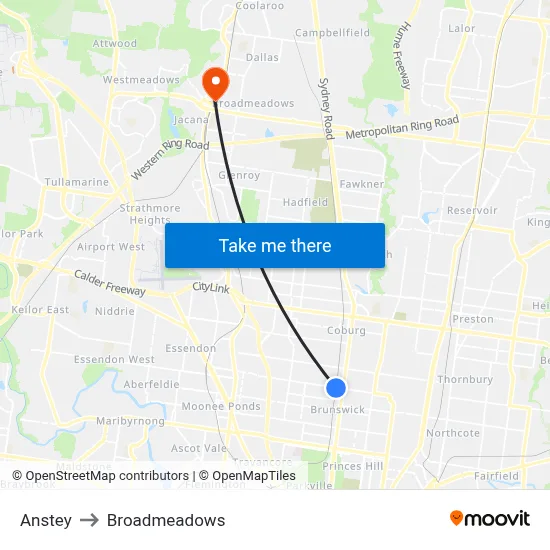Anstey to Broadmeadows map