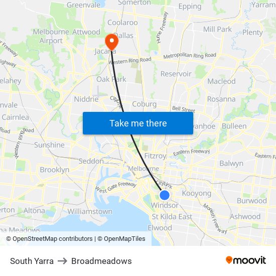 South Yarra to Broadmeadows map