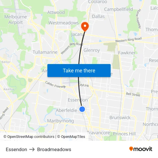 Essendon to Broadmeadows map