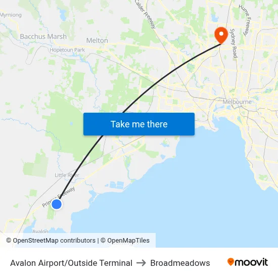 Avalon Airport/Outside Terminal to Broadmeadows map