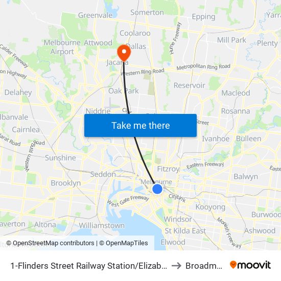 1-Flinders Street Railway Station/Elizabeth St (Melbourne City) to Broadmeadows map