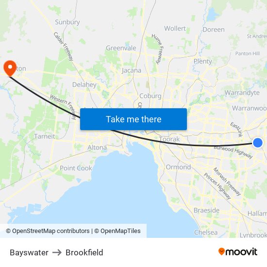 Bayswater to Brookfield map